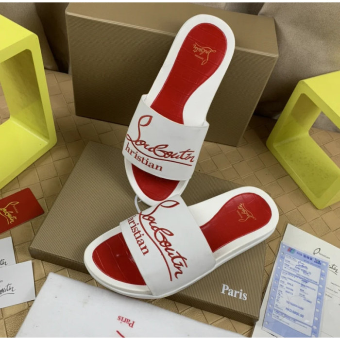 Christian Louboutin White Slide Sandals With Red Embossed Signature Logo