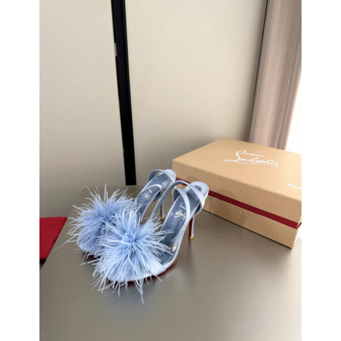 Christian Louboutin Light Blue Satin 100mm Feather Slingback Sandals