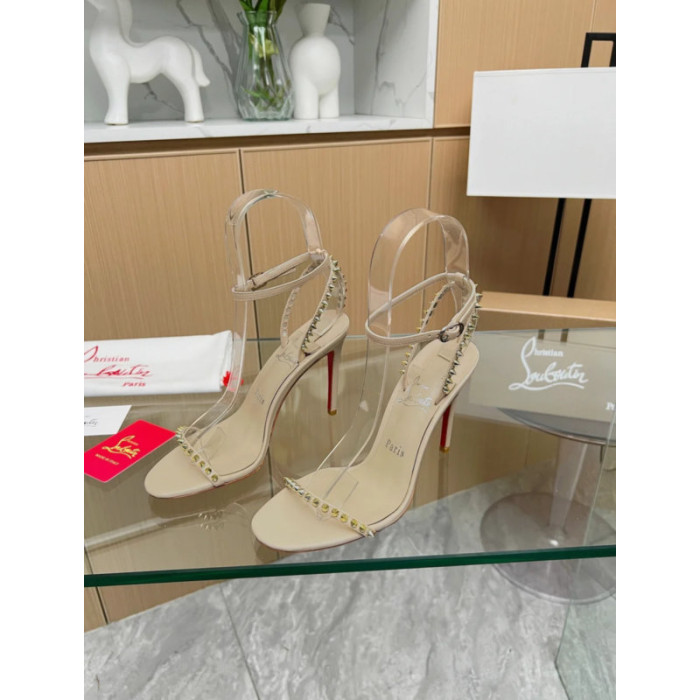 Christian Louboutin Beige Leather Gold‑Spiked Ankle‑Strap Sandal 100mm heel