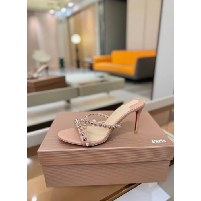 Christian Louboutin Nude Leather Silver‑Spiked Crisscross Mule High Heel Sandals 100mm heel