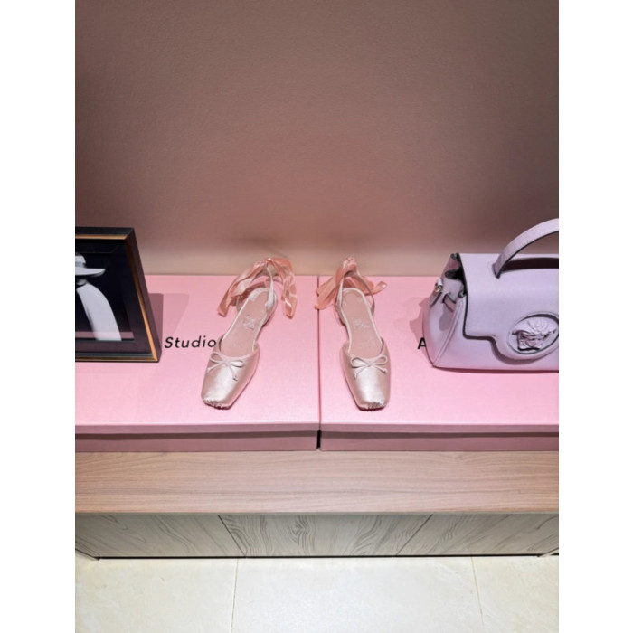 Christian Louboutin Blush Pink Satin Bow Tie‑Ankle Flat Ballet Sandals