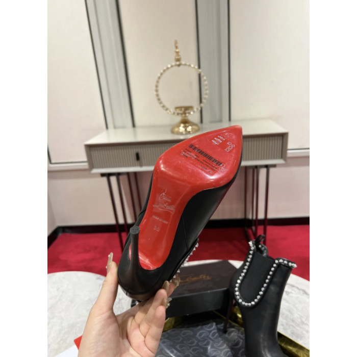 Christian Louboutin Black Leather 100mm Spiked Stiletto Pointed Toe Ankle Boots