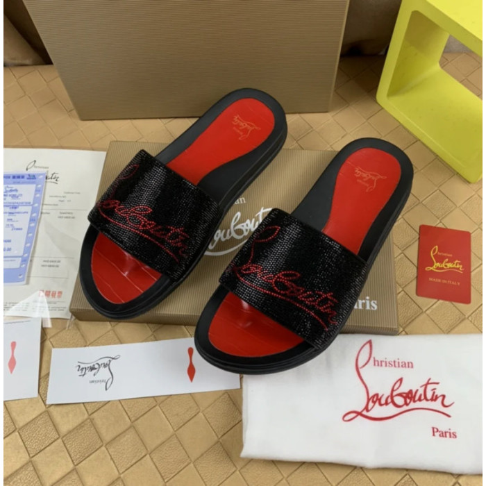 Christian Louboutin Black Crystal Slide Sandals With Red Signature Logo