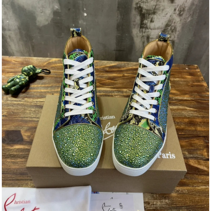 Christian Louboutin Green Crystal‑Embellished Snake‑Print High‑Top Sneakers