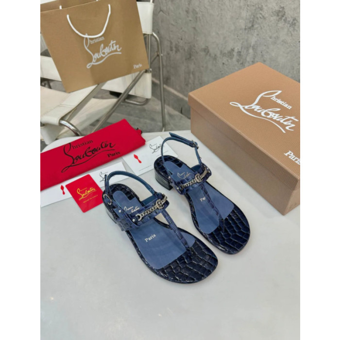 Christian Louboutin Navy Croc‑Embossed 45mm Block Heel Thong Sandals