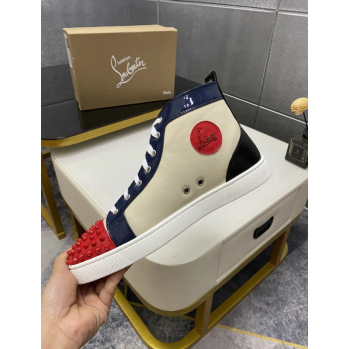 Christian Louboutin Cream Navy Red Spiked 20mm High‑Top Sneakers