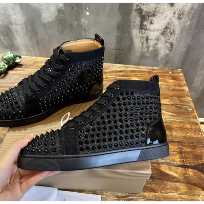 Christian Louboutin Black Glitter Spike‑Embellished High‑Top Sneakers