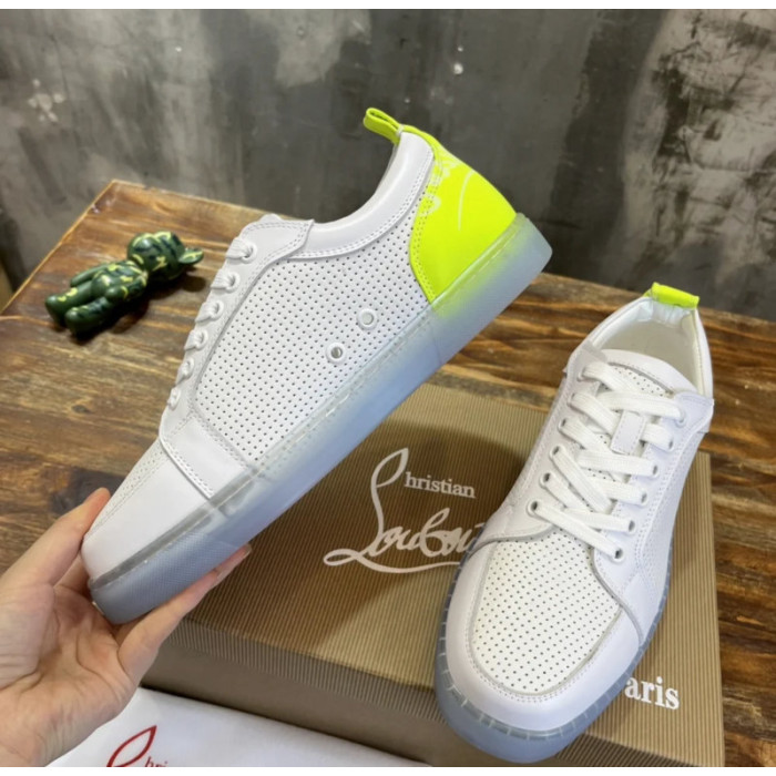 Christian Louboutin White Perforated Leather Fluorescent‑Yellow Accent Low‑Top Sneakers