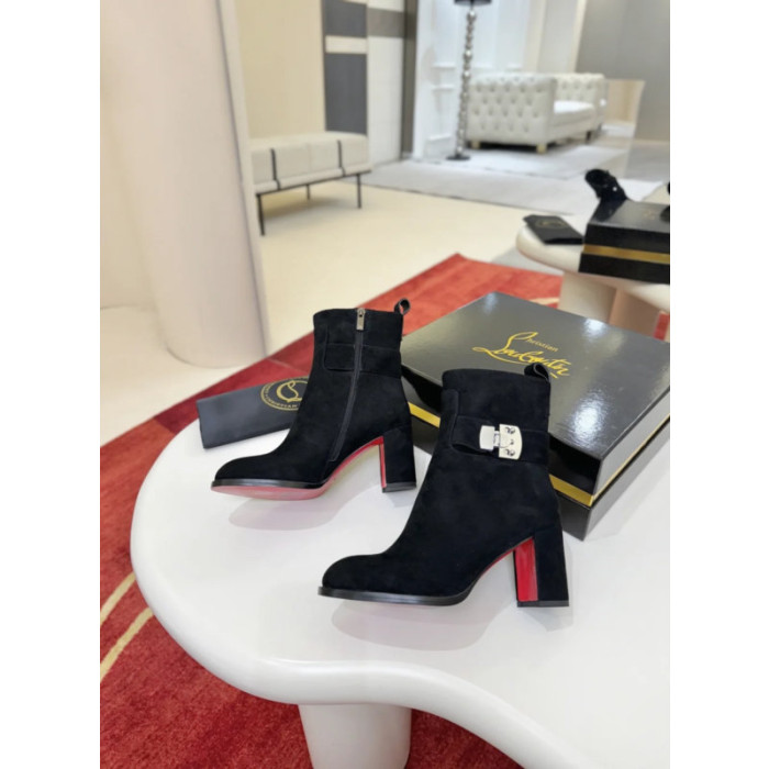 Christian Louboutin Black Suede Silver Lock Buckle 85mm Block Heel Ankle Boots