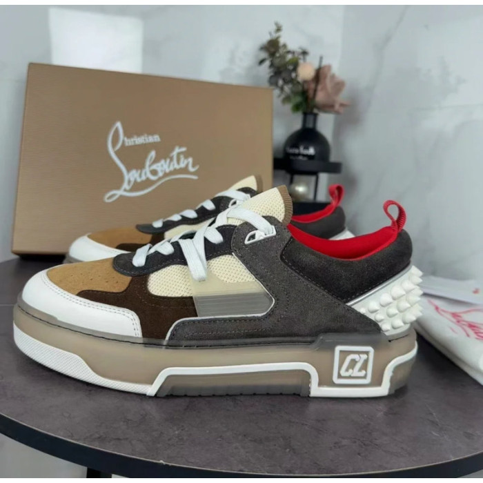 Christian Louboutin Brown‑White Suede‑Mesh Spiked Platform Lace‑Up Sneakers