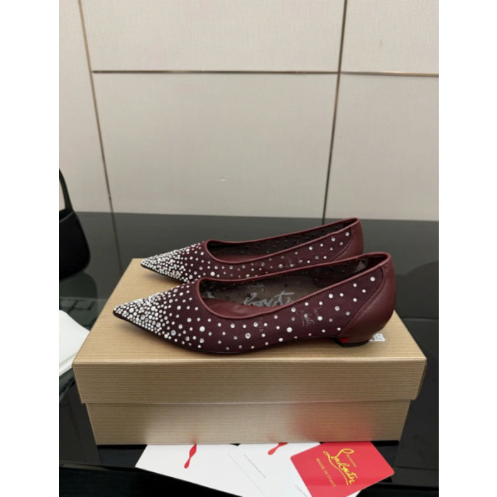 Christian Louboutin Burgundy Mesh Crystal‑Embellished Pointed‑Toe Flat Pumps