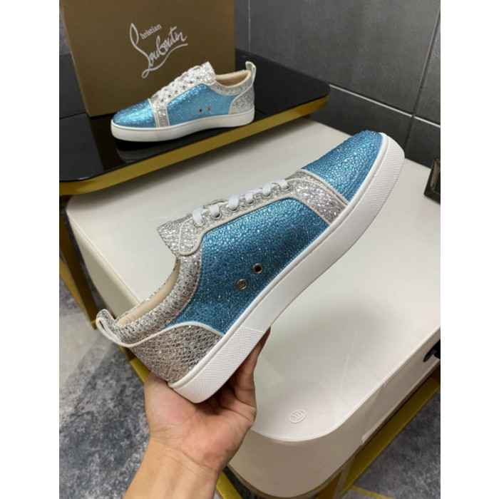 Christian Louboutin Blue‑Silver Crystal Patchwork Lace‑Up Casual Sneakers