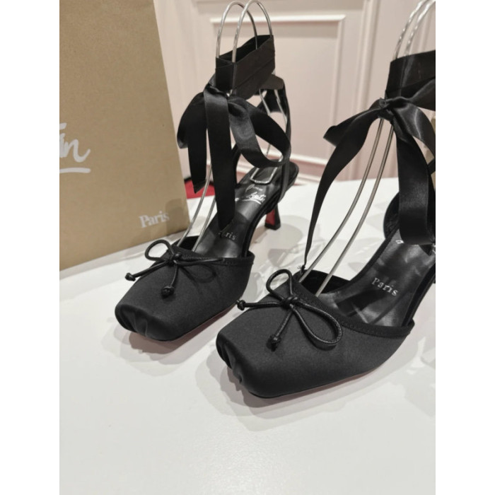 Christian Louboutin Black Satin Ankle Tie Bow Kitten Heel Pumps