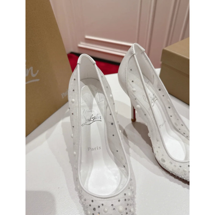 Christian Louboutin White Mesh Pearl Crystal 100mm Stiletto Heel Pumps