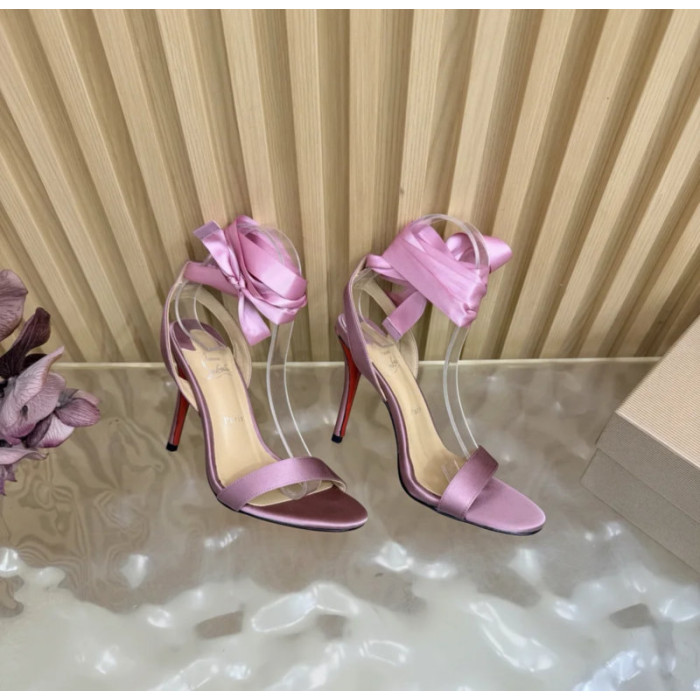 Christian Louboutin Dusty Rose Satin 100mm Ankle‑Wrap Tie Stiletto Sandals