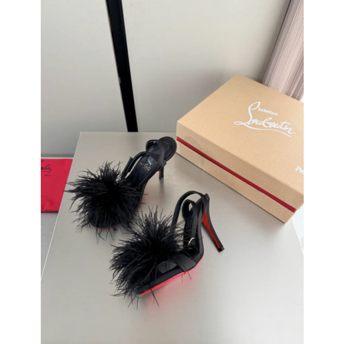 Christian Louboutin Black Feather 100mm Slingback Stiletto Sandals