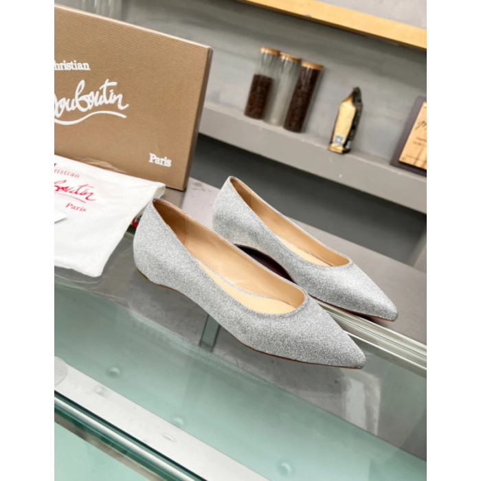 Christian Louboutin Silver Glitter Pointed‑Toe Low‑Wedge Heel Flats