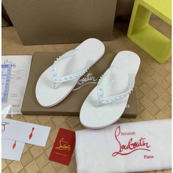 Christian Louboutin White Embossed‑Logo Studded Flip‑Flop Sandals
