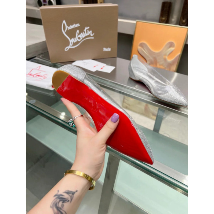 Christian Louboutin Clear PVC Crystal Embellished Pointed‑Toe Flat Pumps