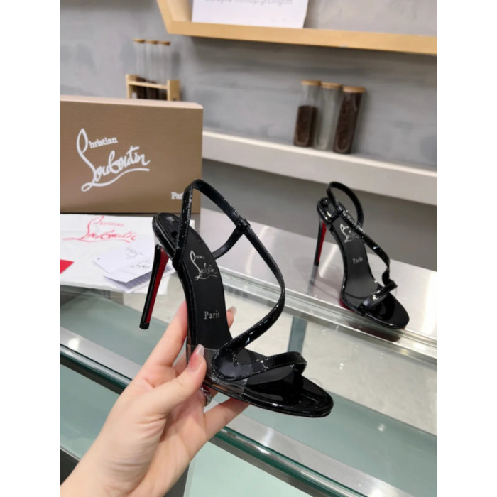 Christian Louboutin Black Patent Asymmetric Curved Strap Slingback Sandal 100mm heel