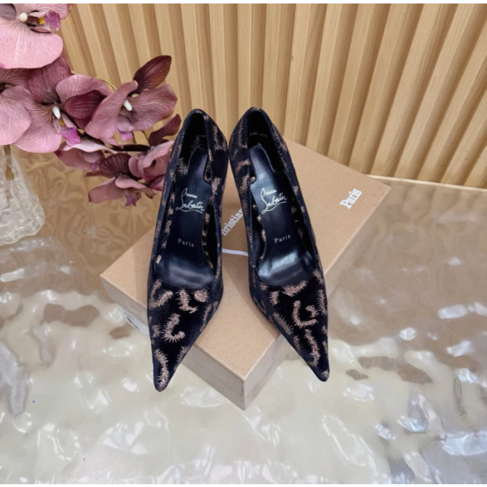 Christian Louboutin Black Velvet Gold‑Leopard Print Pointed‑Toe 120mm Stiletto High Heel Pumps