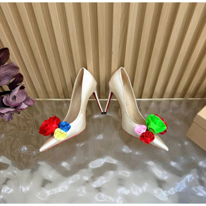 Christian Louboutin Ivory Satin Multicolor Fabric Flower 100mm Stiletto Heel Pumps