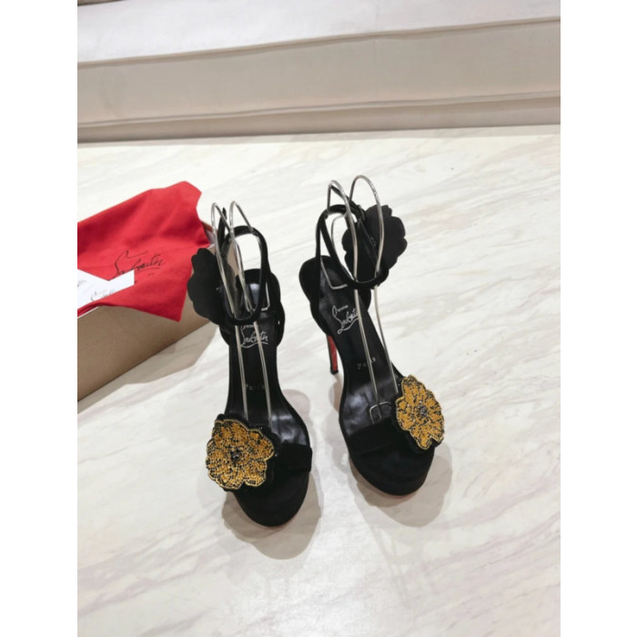 Christian Louboutin Black Satin Crystal Flower 150mm Platform Stiletto Heel Sandals