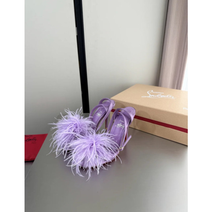 Christian Louboutin Purple Satin Feather 100mm Slingback Sandals