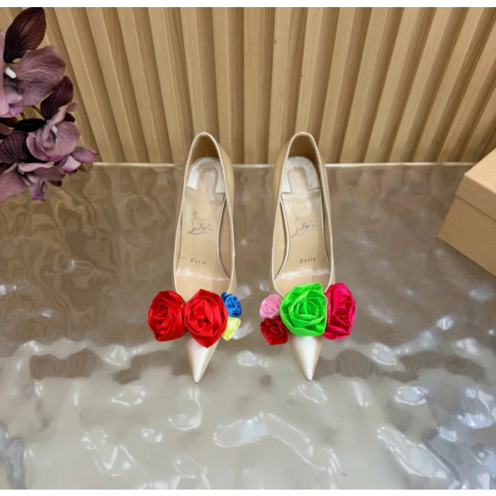 Christian Louboutin Ivory Satin Multicolor Fabric Flower 100mm Stiletto Heel Pumps