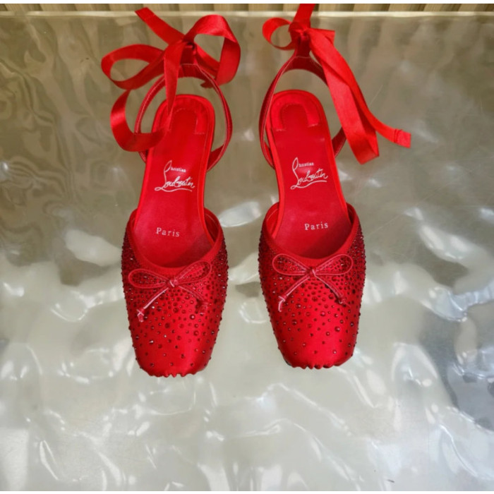 Christian Louboutin Red Satin Crystal‑Embellished Ankle‑Tie Ballet Flats
