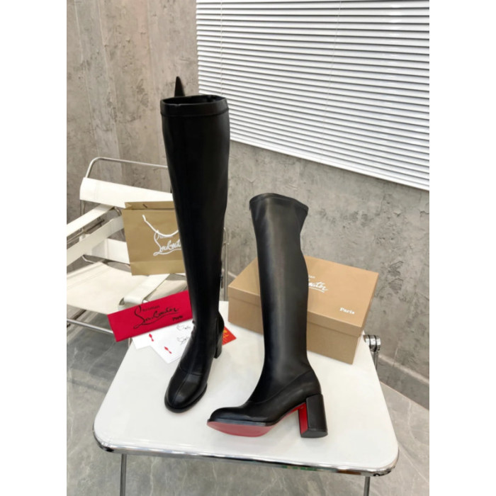 Christian Louboutin Black Stretch Leather 85mm heel Block‑Heel Over‑The‑Knee Boots