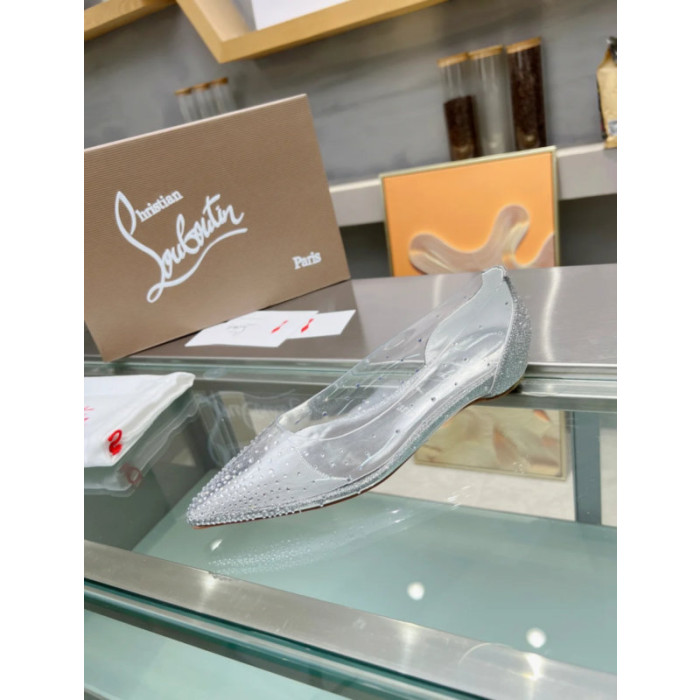 Christian Louboutin Clear PVC Crystal Embellished Pointed‑Toe Flat Pumps