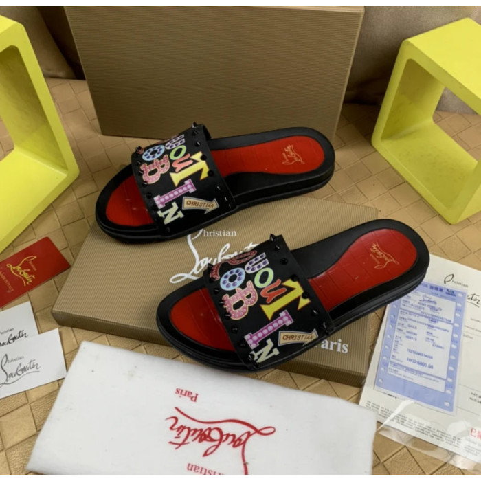 Christian Louboutin Black Colorful Graffiti‑Print Spiked Slide Sandals