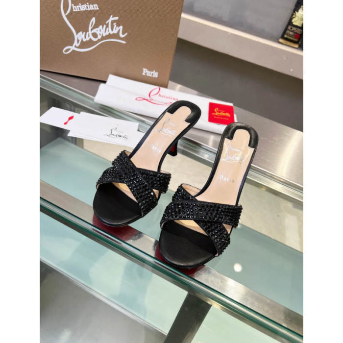 Christian Louboutin Black Crystal Crisscross Mule Slide Sandal 100mm heel