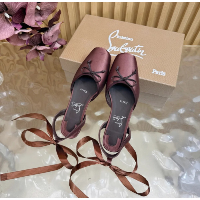 Christian Louboutin Brown Satin Bow Ankle‑Tie Slingback Ballet Flats