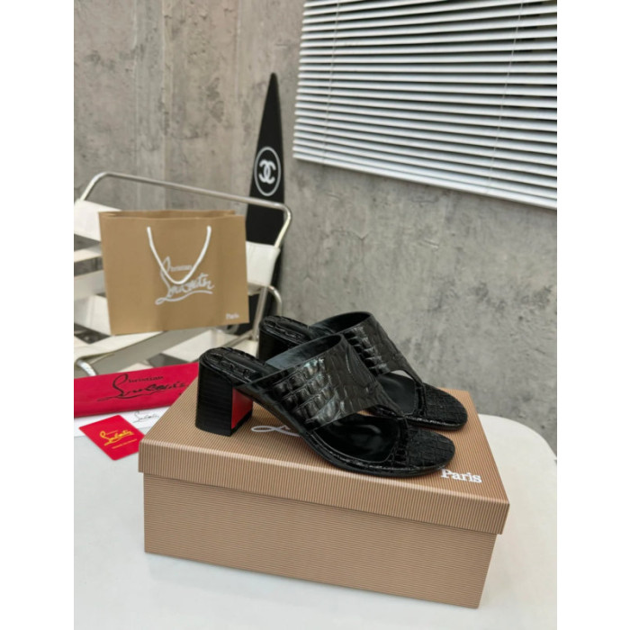 Christian Louboutin Black Croc‑Embossed 70mm Block Heel Thong Mule Sandals