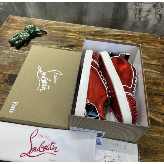Christian Louboutin Red Patent Spiked Low‑Top Sneakers