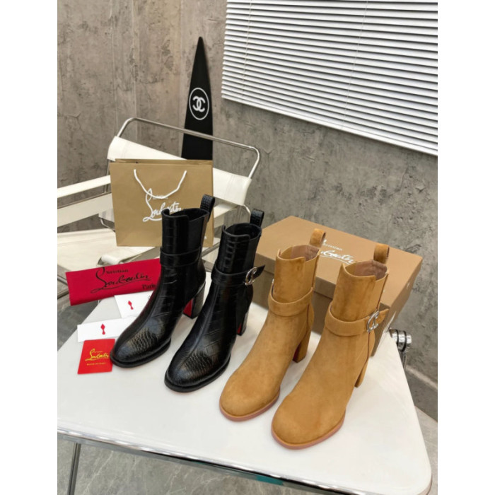 Christian Louboutin Black Croc‑Effect Leather 85mm Block‑Heel Chelsea Ankle Boots with CL Buckle