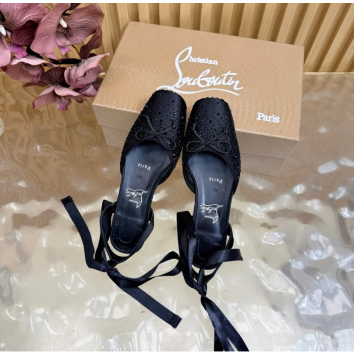 Christian Louboutin Black Satin Crystal‑Embellished Ankle‑Tie Slingback Ballet Flats
