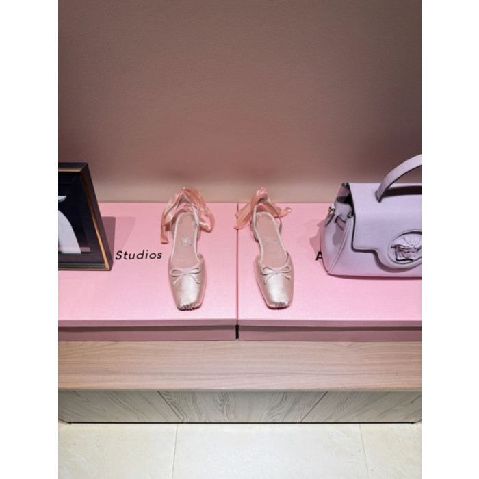Christian Louboutin Blush Pink Satin Bow Tie‑Ankle Flat Ballet Sandals