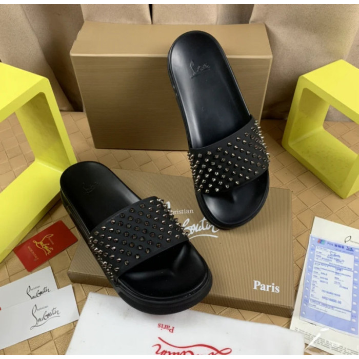 Christian Louboutin Black Silver‑Spiked Platform Slide Sandals