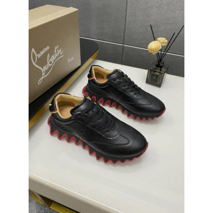 Christian Louboutin Black Leather Red Zigzag Sole Low‑Top Sneakers