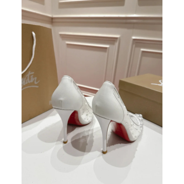 Christian Louboutin White Mesh Pearl Crystal 100mm Stiletto Heel Pumps