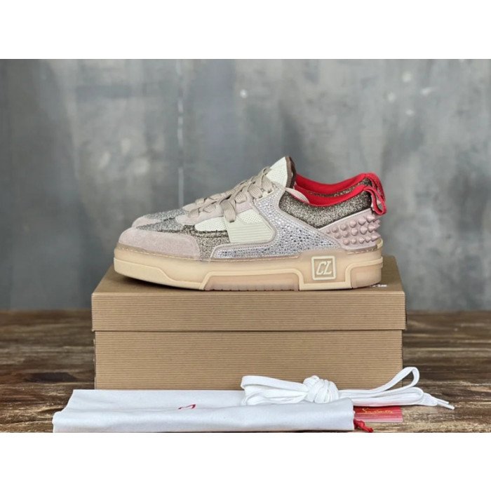 Christian Louboutin Beige Glitter Crystal Spiked Low‑Top Sneakers