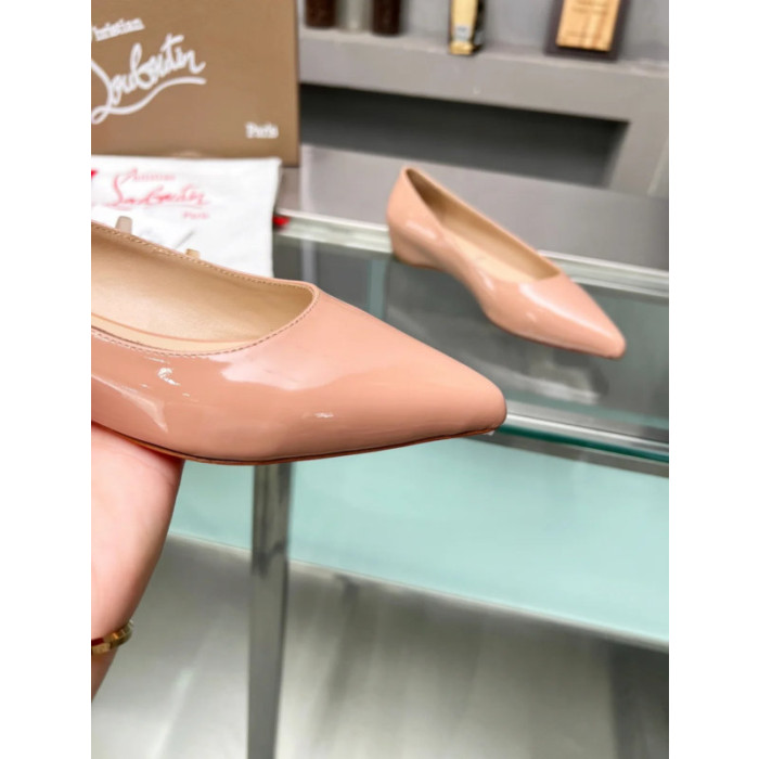 Christian Louboutin Nude Patent Leather Pointed‑Toe Low‑Wedge Heel Flats