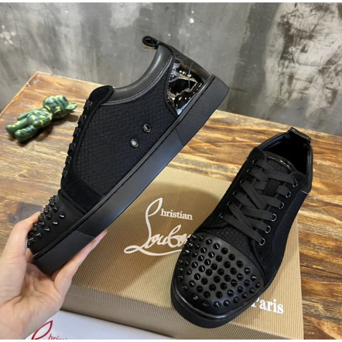 Christian Louboutin Black Mesh Suede Patent Black‑Spiked Low‑Top Sneakers