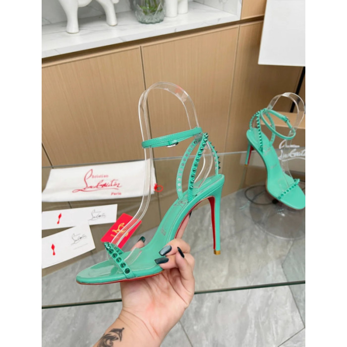 Christian Louboutin Green Patent Spiked Ankle‑Strap Sandal 100mm heel