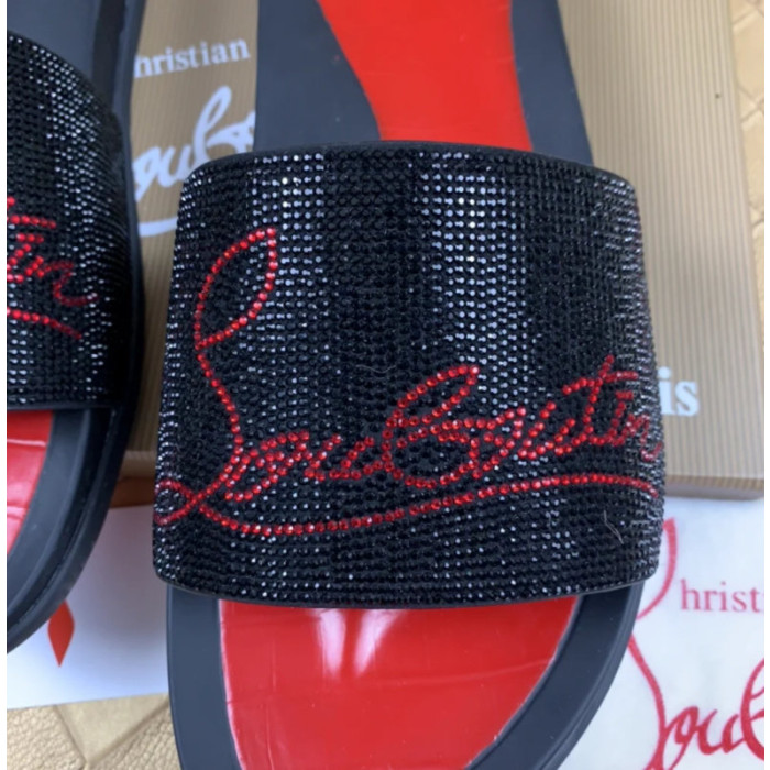 Christian Louboutin Black Crystal Slide Sandals With Red Signature Logo