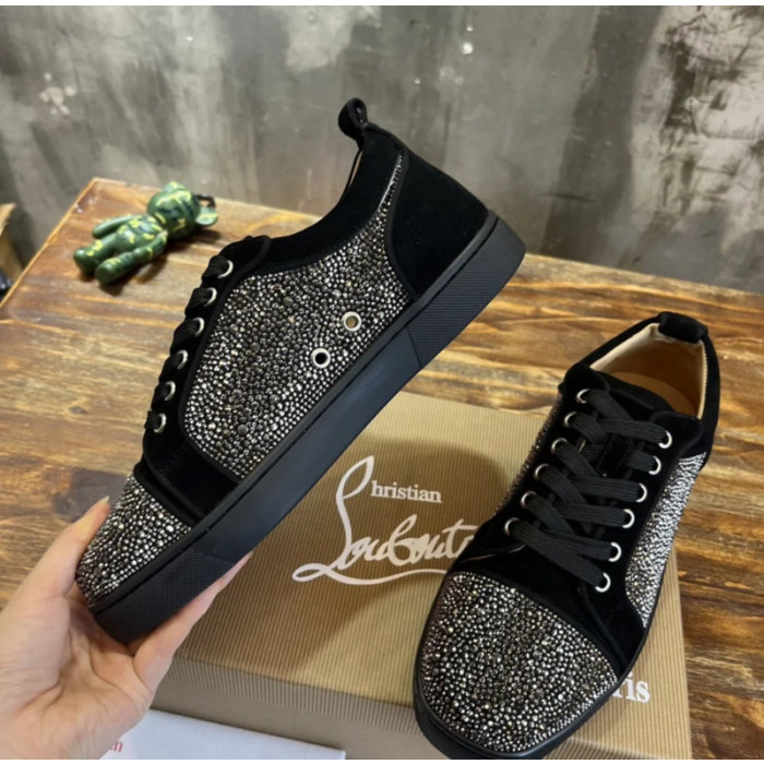Christian Louboutin Black Suede Gunmetal Crystal‑Covered Low‑Top Men’s Sneakers