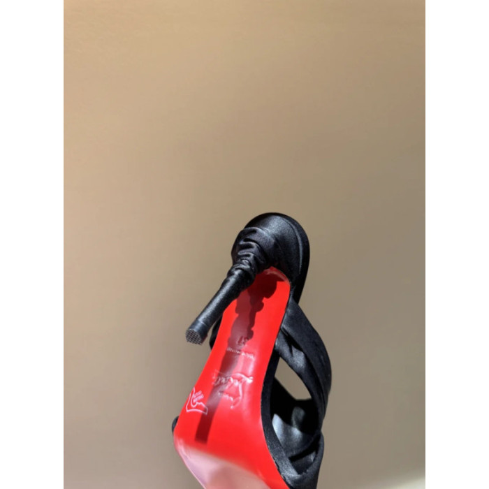 Christian Louboutin Black Satin Crisscross Mule Sandals Ruched Sculptural Heel 100mm heel